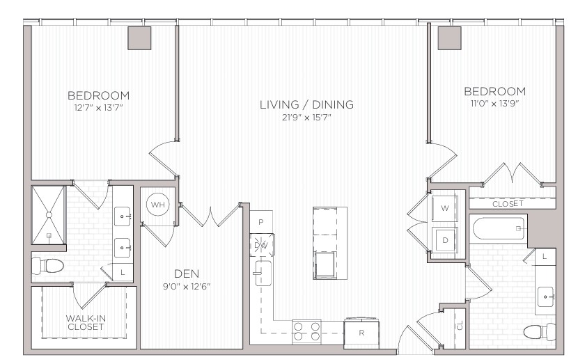 Floor plan for 2 beds, 2 baths, 1378 sqft